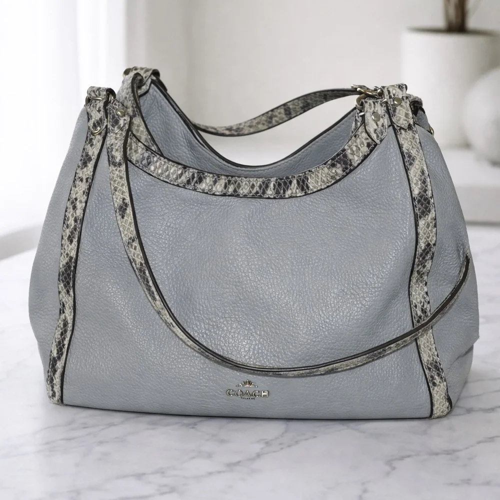 Coach Pebbled Leather Gray Hobo Shoulder Bag with Exotic Snakeskin-Embossed Trim